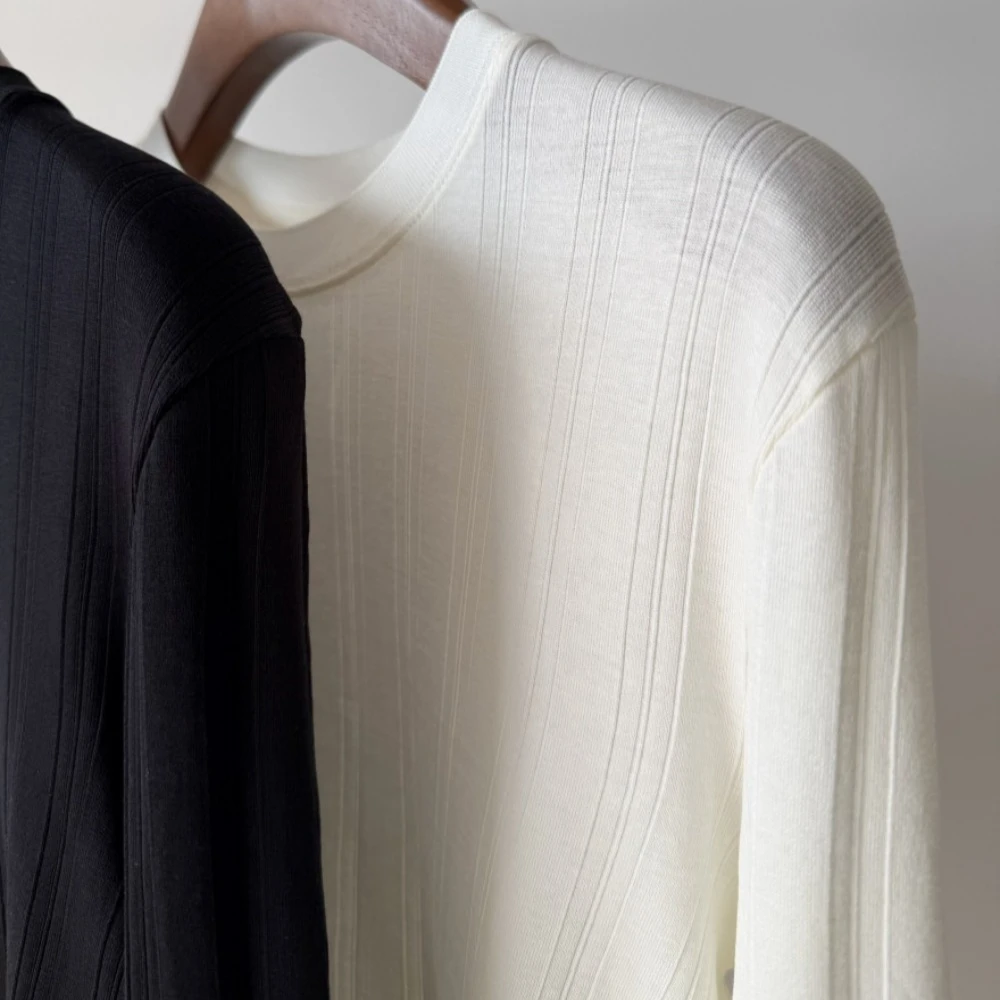 Early Autumn Lightweight Ribbed Knit Long-Sleeve Crew-Neck Base Layer T-Shirt