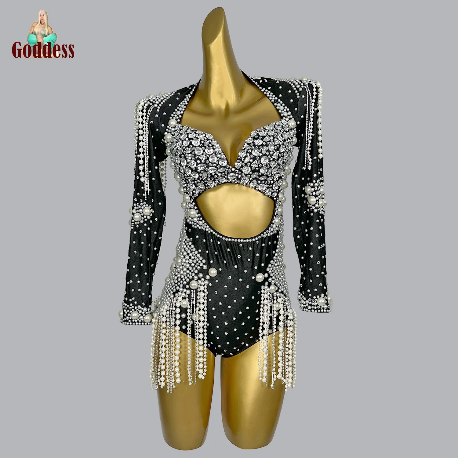 

Sparkly Rhinestone Pearls Tassel Women's Black Sexy Bodysuit Dance Costume Celebrate Birthday Prom Club Singer Stage Wear Outfit