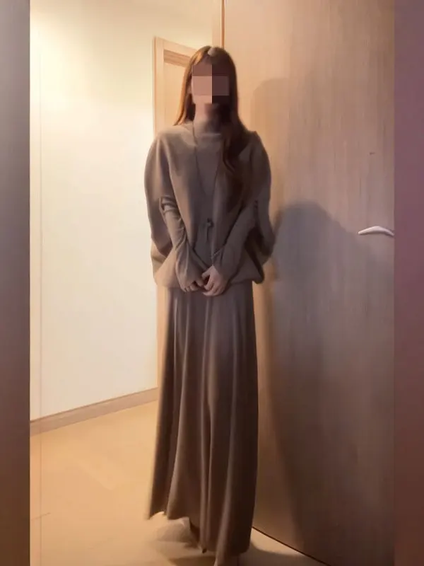 

Retro Faionable Cowl Ne Dr And Top Set High Waist Long Sve Midi Dr Ele Busin Casual Everyday Wear