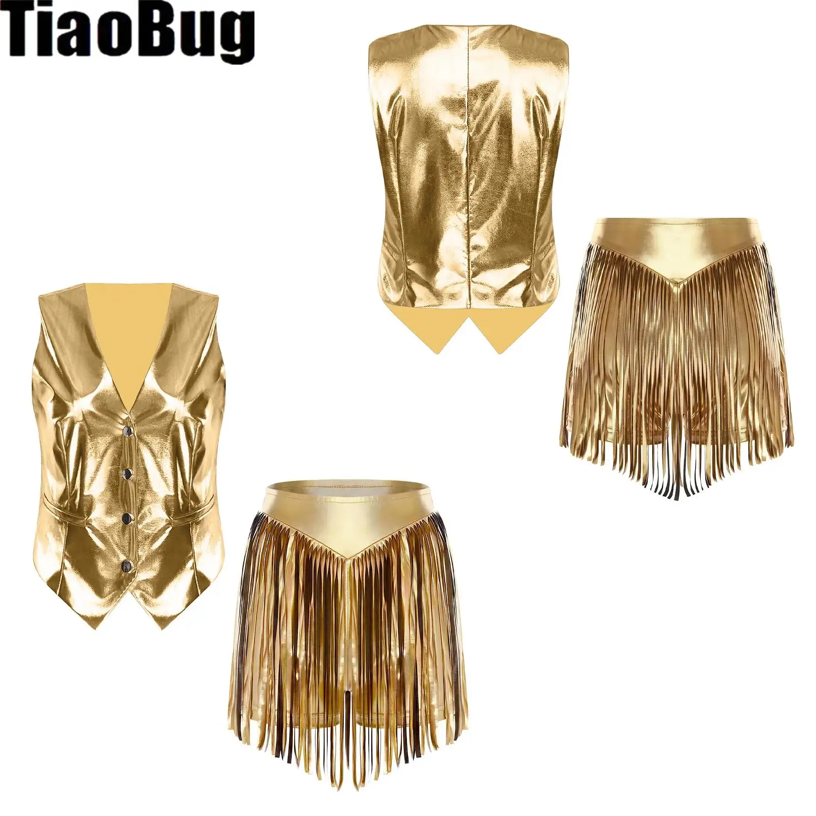 

Womens Iridescent Metallic Jazz Outfit V Neck Front Button-down Vest And High Waist Fringed Booty Shorts for Stage Dance