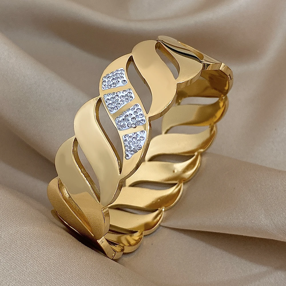 Klobige eingelegte Strass geometrische Welle breite Manschette Armreif für Frauen Mode Edelstahl Gold Silber Farbe Armbänder