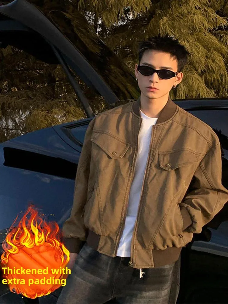 

Thiened ort Baseball Jaet for Men Brown Cotton Workwear Autumn Winter American Retro Waed Coat Warm Youth Casual Long...