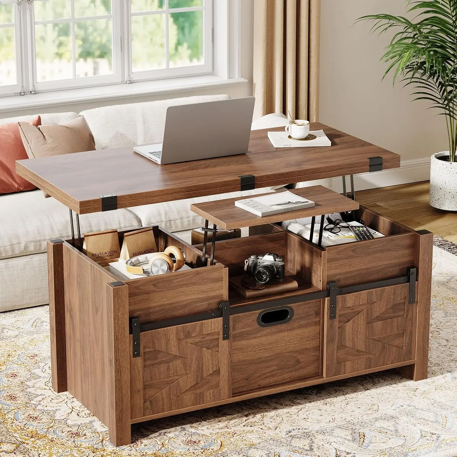 40 Inch Lift Top Coffee Table Walnut Storage Drawers Sliding Barn Door Hidden Compartment Converts Dining Living Room