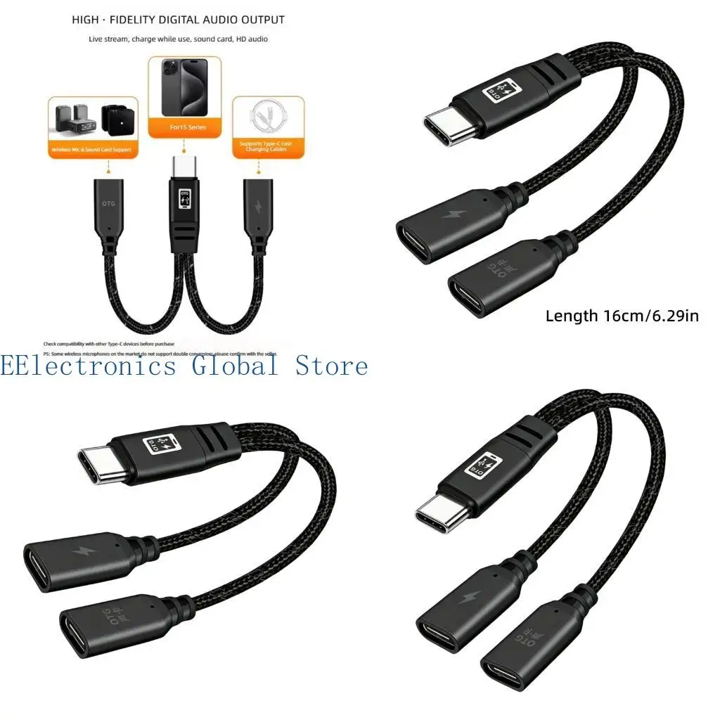 462B Phone Sound and Charging Cable for Recording Use, Split Charging Link with Data End, 16 cm Textured Cable, Metal Ends for