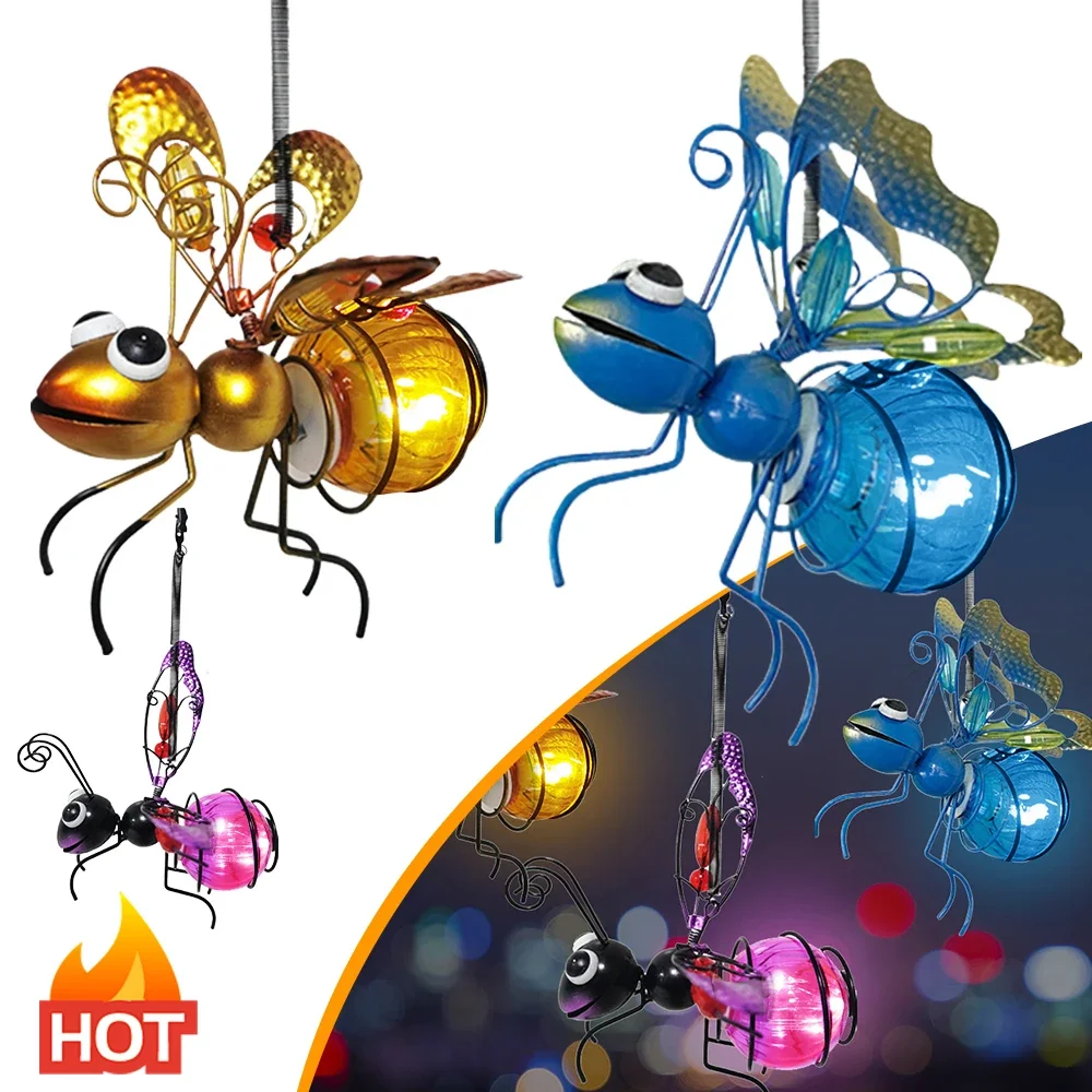 Solar Powered Hanging Bug Light Metal Hanging Flying Insects Lamp Garden Bug Light Ornament for Outside Lawn Decor