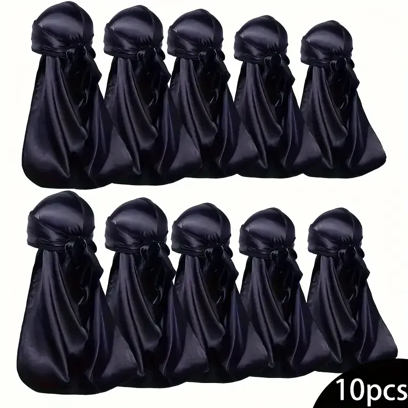 10 Pieces Black Satin Durag Long Tail Wave Cap For Men Breathable Headwrap For Dreadlocks Braids Salon Wholesale