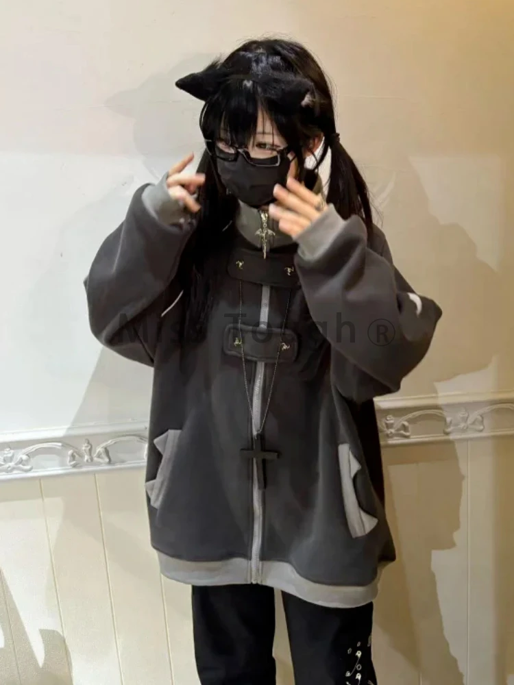 Gothic Subculture Y2K Korean Streetwear Zip Up Hoodie Jacket Women Bat Letter Graphic Print Fleece Lined Stand Collar Coat 2026 image 3