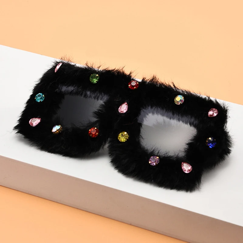 

New Fashion Funny Plush Square Sunglasses Rhinestones Women Oversized Winter Shades Trendy Stylish Original Design Sun Glasses