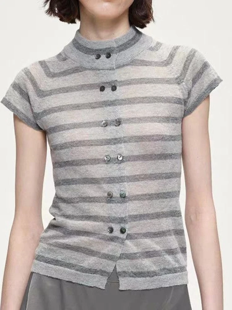 Y2k Harajuku Vintage T Shirts Half High Collar Double Breasted Striped Summer Tops Female Slim Tees Punk Gothic Women's Clothing