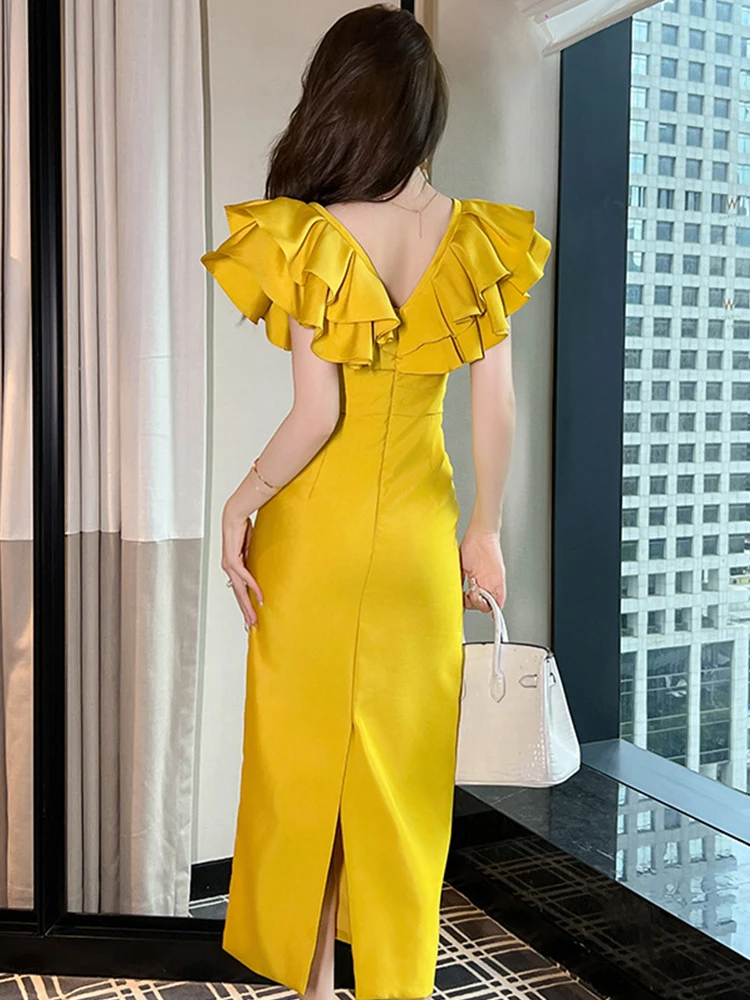 Mode Sommer Gelb Lange Abendkleid Frauen Damen Kleidung Elegante Chic Rüschen V-ausschnitt Schlank Midi Prom Robe Femme Mujer Vestido