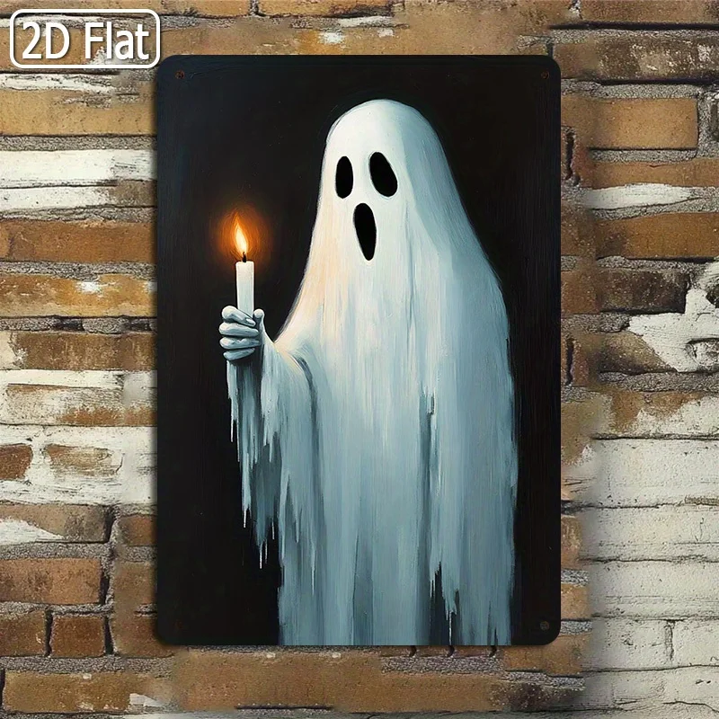 Halloween Tin Sign - Holding Candle with Floating effect - Spooky Metal Wall Decor - Durable Indoor/Outdoor Decoration - Easy Ha