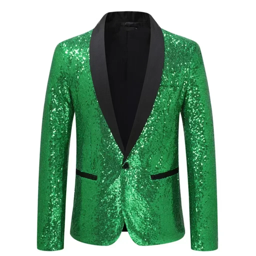 Men's Sequin Blazer Slim Fit Peak Lapel Tuxedo Single Suit for Party Evening Dress Performance Stage Costume
