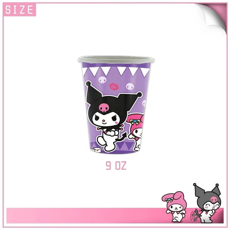 Sanrio Kuromi My Melody Set peralatan makan pesta ulang tahun anak-anak peralatan makan pesta ulang tahun dekorasi cangkir kertas serbet