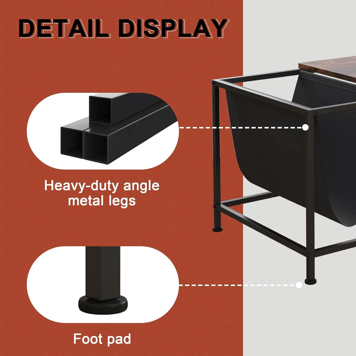 Rectangle Wood and Metal Coffee Table with Storage Shelf for Small Living Rooms with Pocket