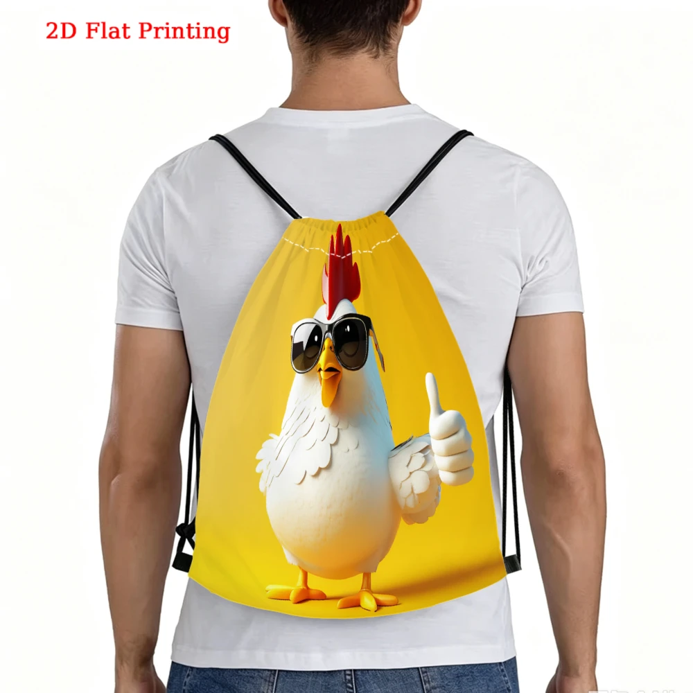 Cartoon Style, Drawstring Backpack, Funny Chicken 2D Flat Printing, Gym Sports Bag, Outdoor Travel Drawstring Bag