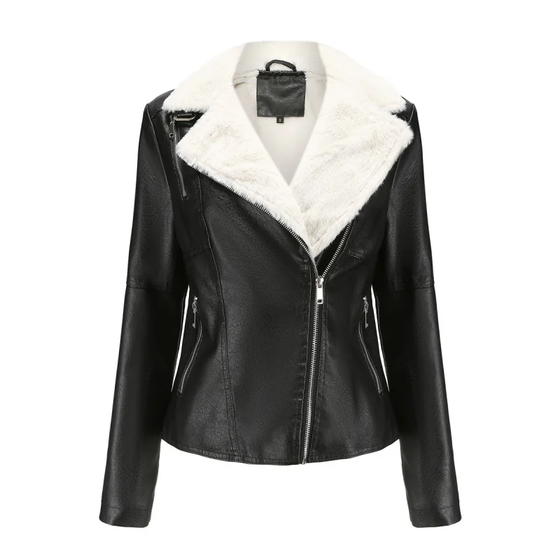 Autumn Winter New Fur-Lined Leather Jacket for Women, Fleece-Lined Long Sleeve Warm Coat, Casual Size