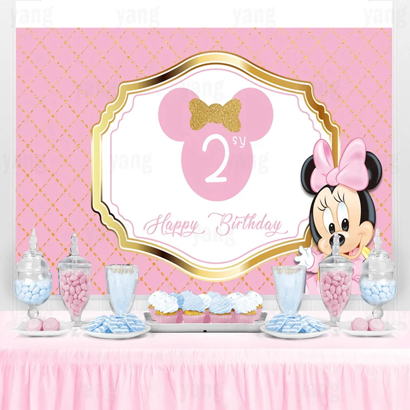 Disney Pink Lovely Minnie Mickey Mouse Backdrop Photography Birthday Background  Newborn Girls Boys Party Supplies Decoration