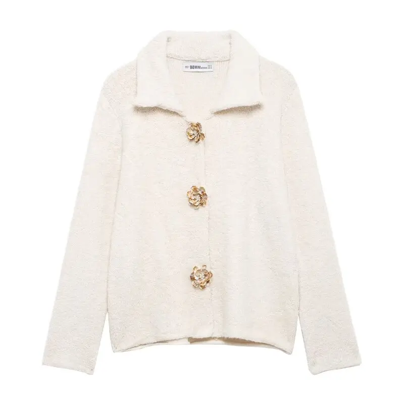 

Женский универсальный вязаный кардиган с цветочными пуговицами, осень-зима, Новое поступление, длинный све из искусственного меха, стандартная длина, для поездок на работу...