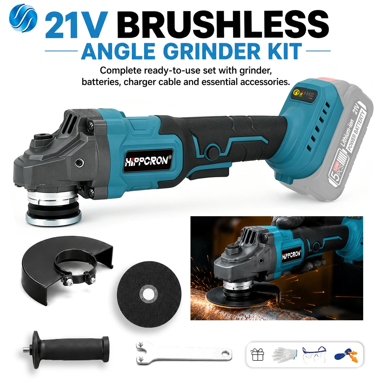 HIPPCRON 125MM Brushless Angle Grinder 3 Gears Cordless Grinding Machine Cutting Wood 12000RPM Tools For Makita 21V NO Battery