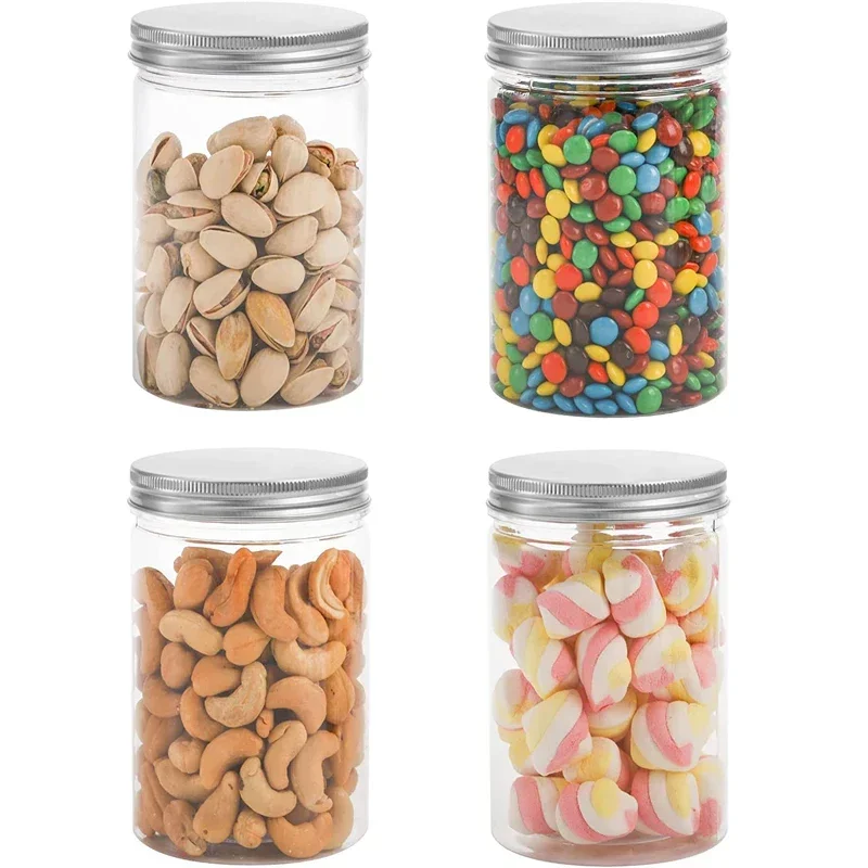5Pcs 150-580ml Clear Plastic Jars W/ Aluminum Lids Refillable Straight Cylinders Jar Container For Dry Cargo Jams Peanuts Snacks