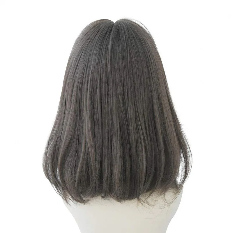 باروكة شعر قصيرة مستقيمة مع غرة، شعر مستعار بني صناعي عالي الكثافة للنساء (بني داكن، 14 بوصة)