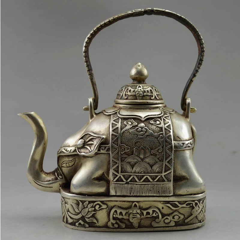 

Elaborate Collectible Decorated Old Handwork Tibetan Silver Flower Elephant Tea pot