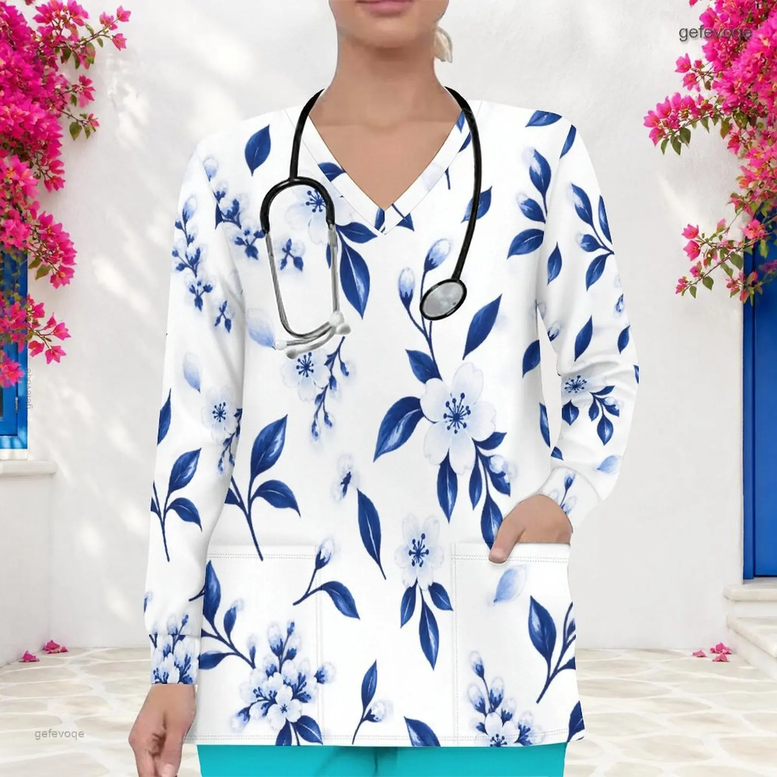 Women Printed Pink Rose Green Leaf V Neck Long Sleeve Scrub Top with Front Pockets