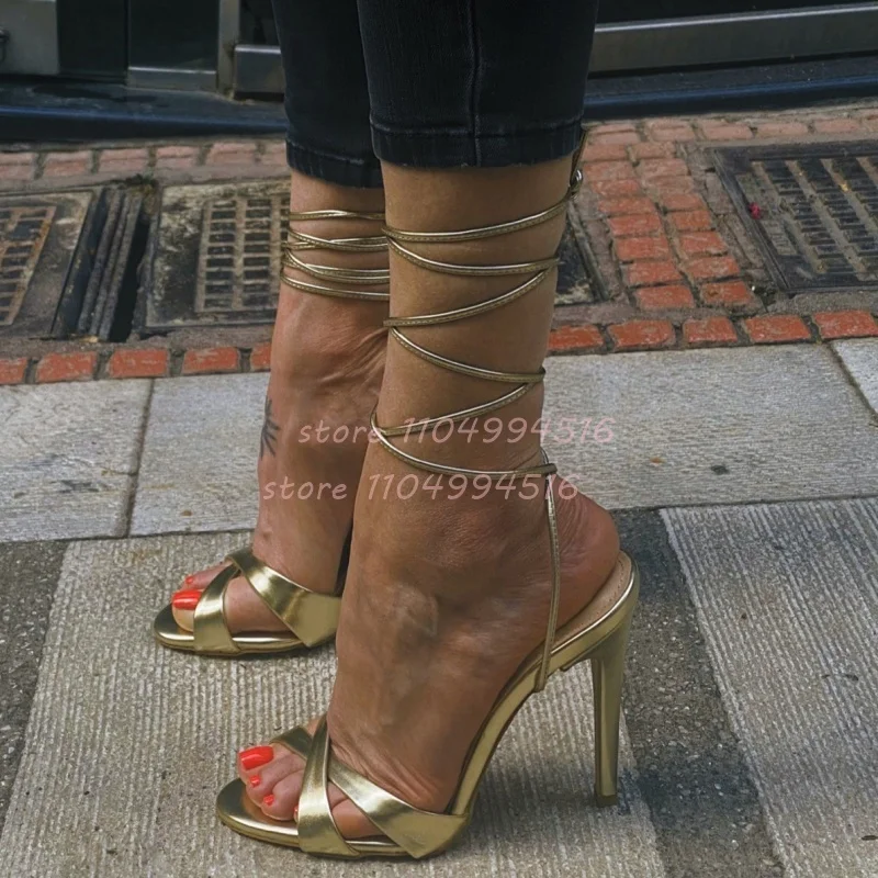 

Gold Hollow Cross Strap Slingback Thin High Heels Women Open Toe Lace Up Sandals Fashion Trendy Party Banquet Lady Summer Shoes