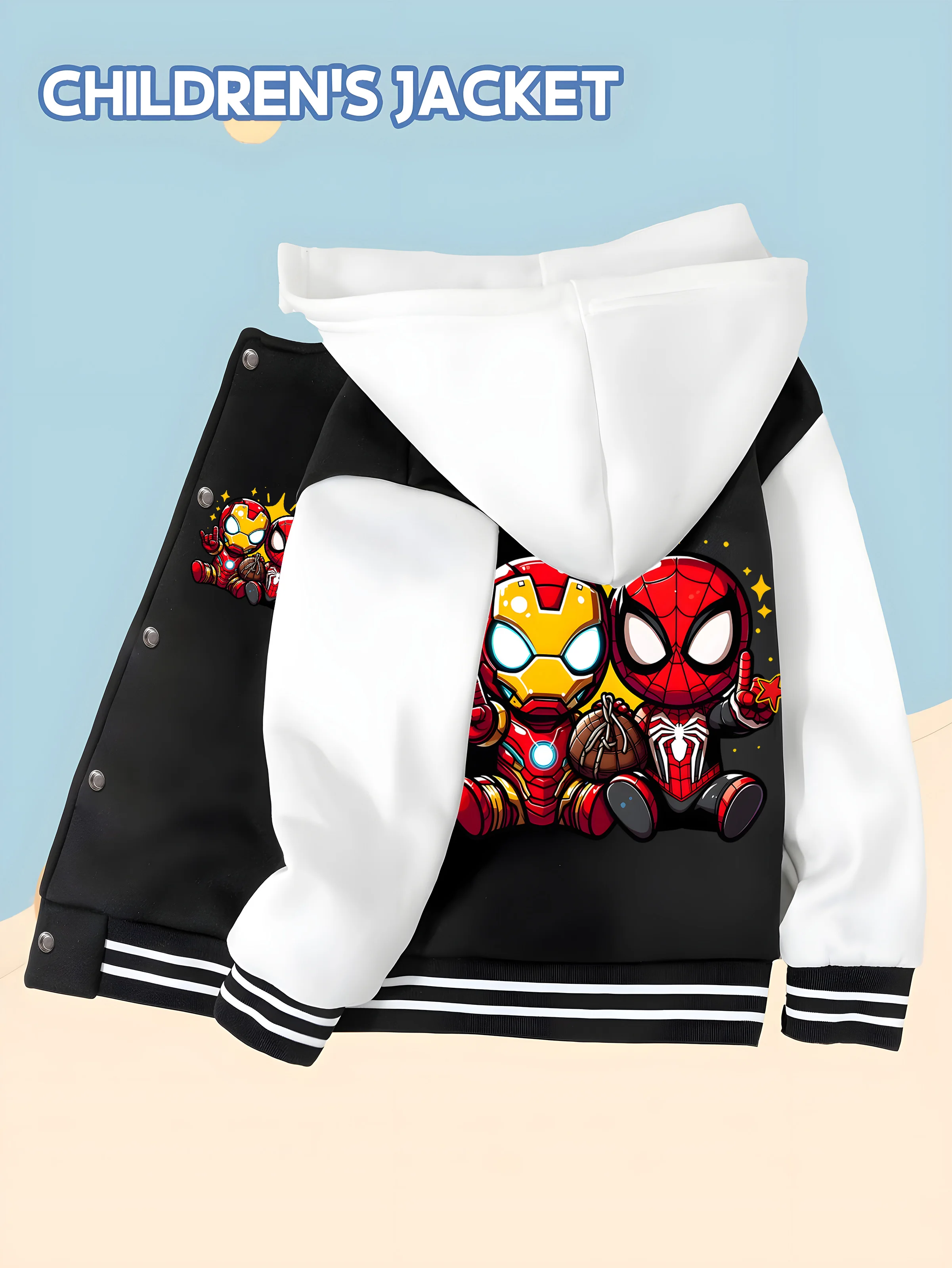 

MINISO Marvel Iron Man & Spider-Man Kids Baseball Jacket - Trendy black and white, soft and skin-friendly fabric, autumn and win