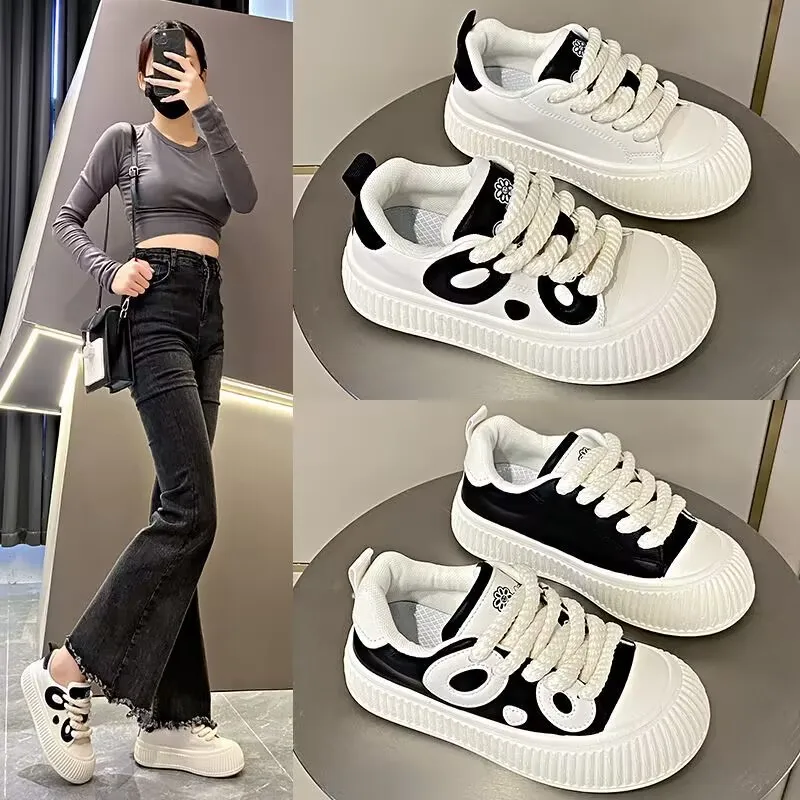 Leather Low Top Shoes for Women Retro 2024 Autumn New Korean Version Wedge Sneakers Student Lace Up Anti Slip Casual Sport Shoes