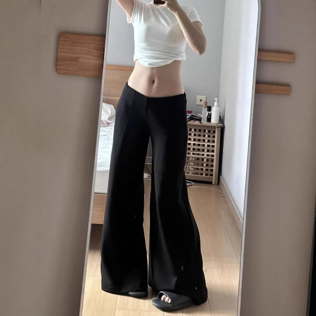 أسود منخفض الارتفاع واسعة الساق بنطلون المرأة الخريف والشتاء الصوف سميكة Sweatpants سليم سليم ثنى الطابق طول السراويل الطويلة