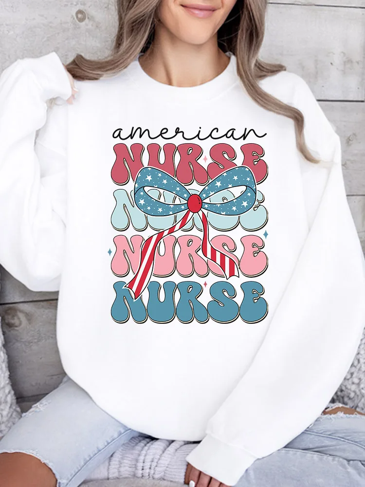 

Женская толстовка с принтом «Американская медсестра с бантом», повседневный пуловер с длинным рукавом, свободный крой, уличная одежда для осени и зимы