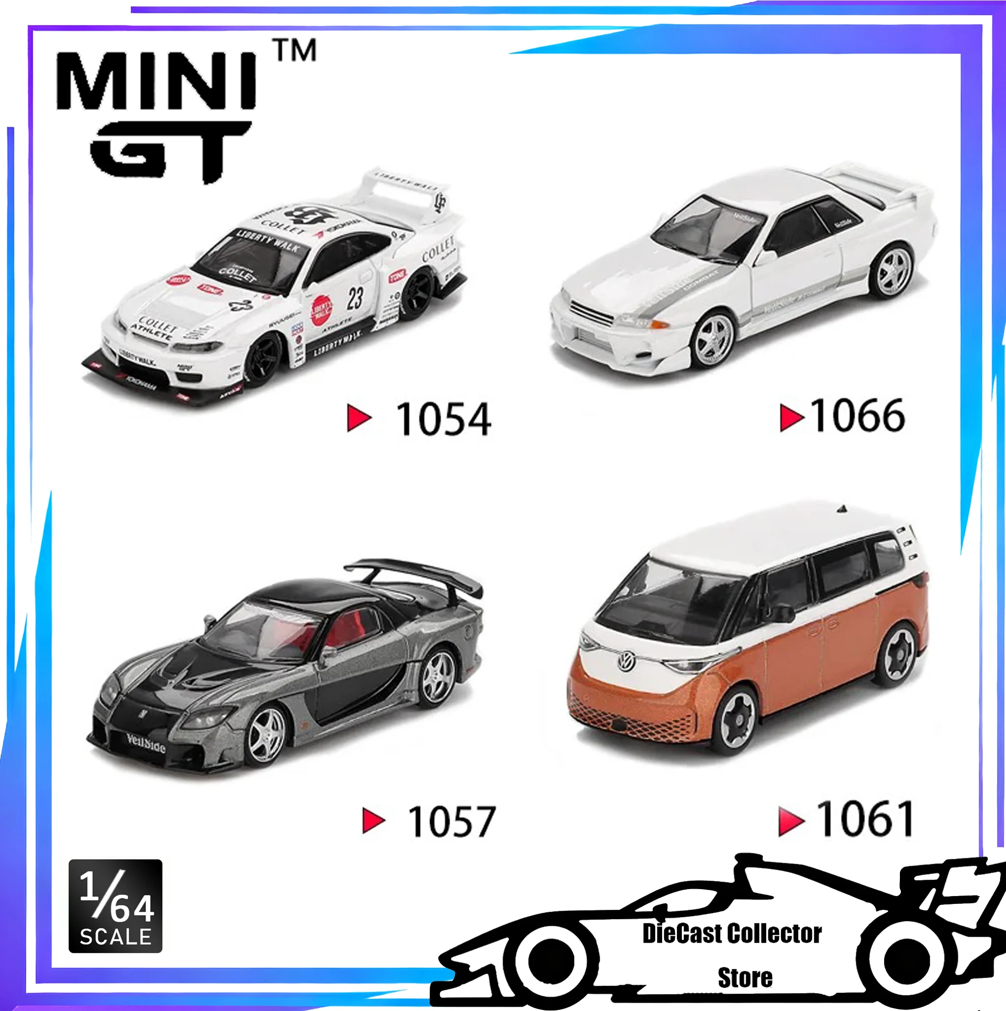 MINI GT 1/64 Nissan LB-Super Silhouette S15 Skyline GT-R (R32) Volkswagen ID.Buzz Candy Mazda RX-7 VeilSide Fortune Car Model