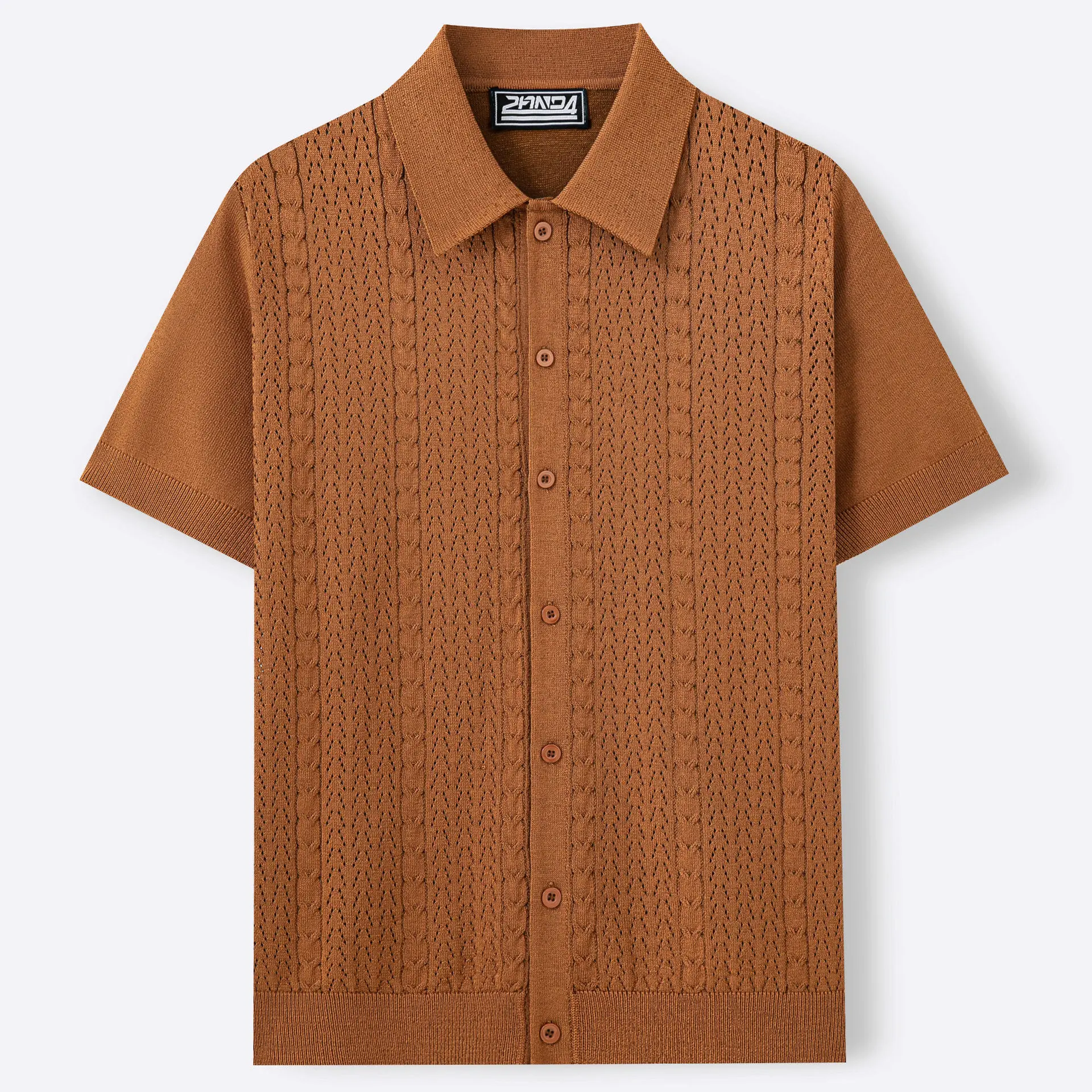 Men's Turn Down Collar Knit Single Breasted Open Front Design Textured Hollow Casual Versatile Daily Commute Slim Fit Polo Shirt