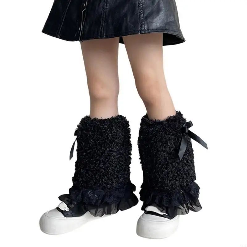 

P31C Warm Lace Trimmed Leg Warmers Double Layers Soft Socks Pair for Kids Aged 3 To 13