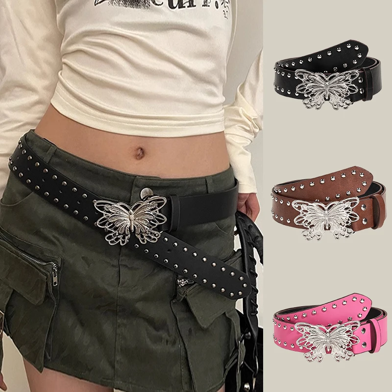 

Retro Punk Style Rivet Belt For Women Girls Trendy Personality Butterfly Buckle Wide Belt Luxury Fashion Waistband Jeans Belt