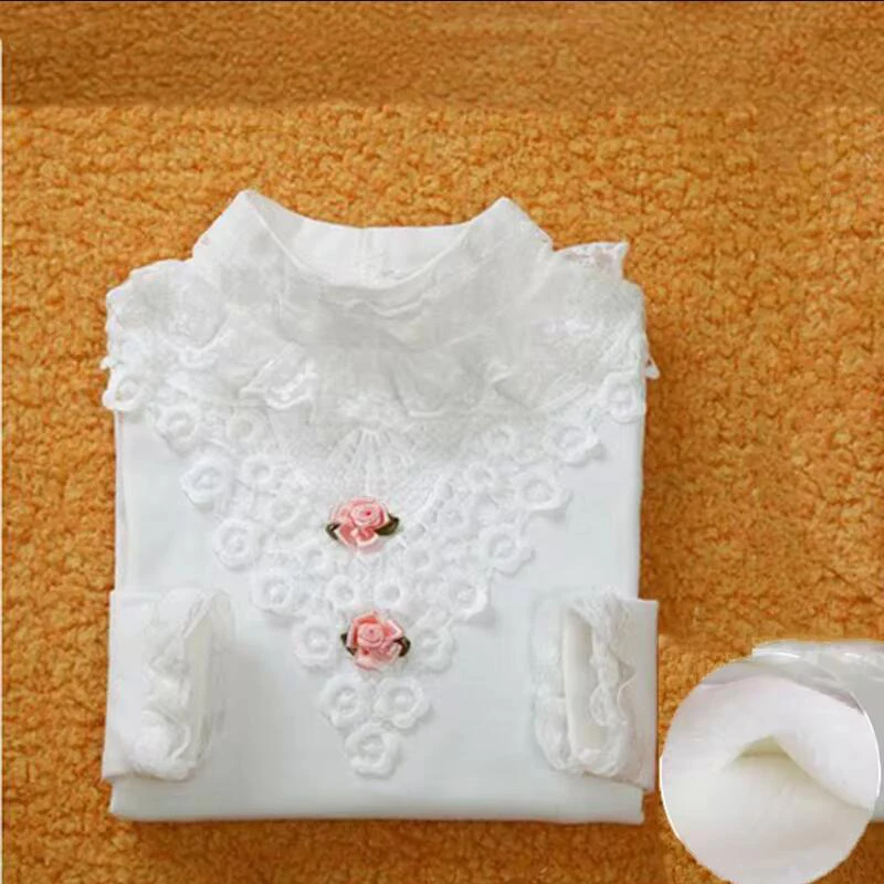 Child High Neck Lace T-shirt Sweater Girls Autumn Winter Thicken Long Sleeved Base Layer Shirt Sweet Cute Children's Clothes