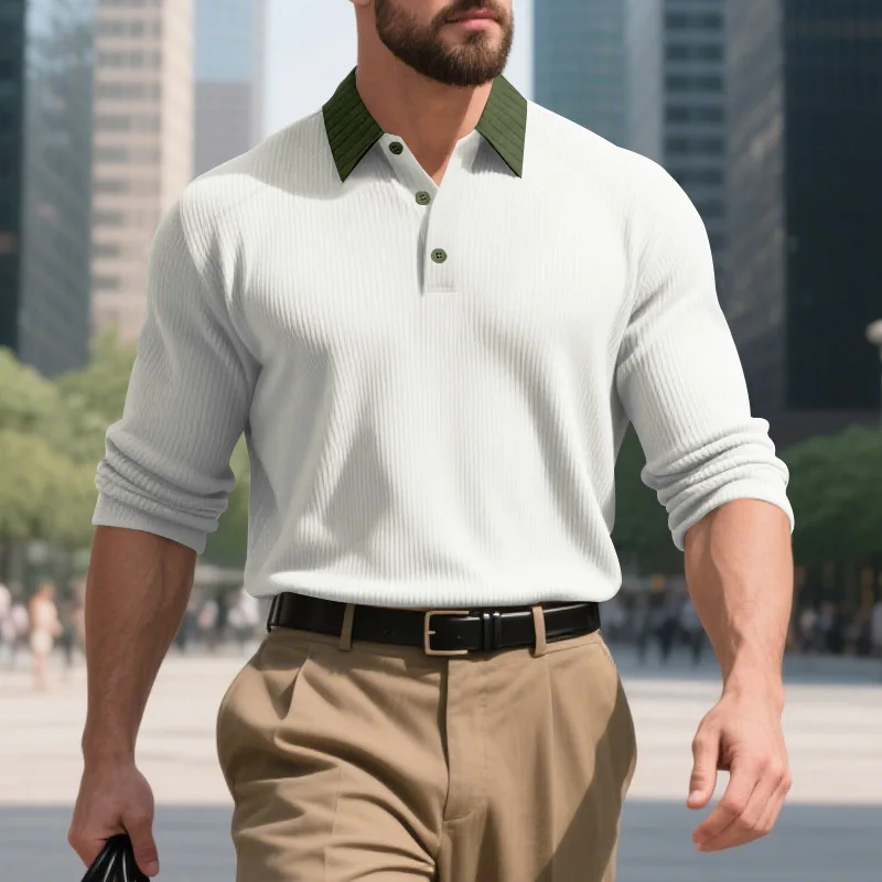 American Style Autumn Turn-Down Collar Shirt For Men French Thread Casual Golf Heavyweight Color-Block Long Sleeve Polo Shirt
