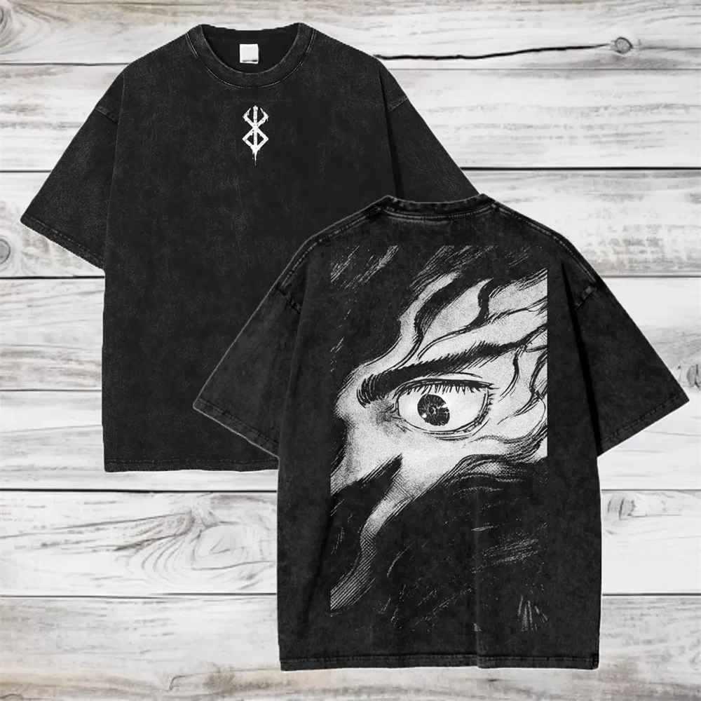 Camiseta con estampado de Anime Berserk Guts, ropa de Manga para hombre, Camiseta lavada Vintage, Camiseta de algodón de gran tamaño, camiseta Harajuku para hombre