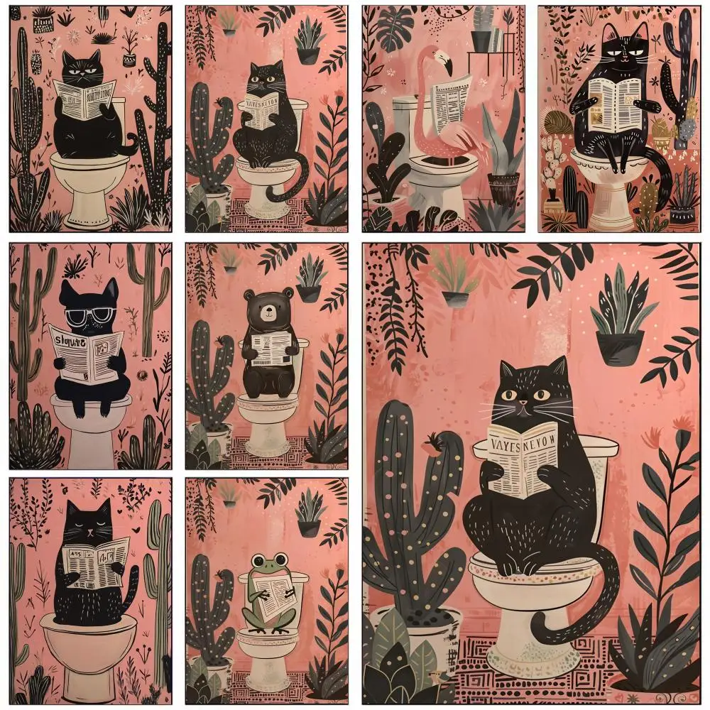 Funny Black Cat Dog Frog Animals On The Toilet Poster Self-adhesive Art Waterproof Paper Sticker Coffee House Wall Decor