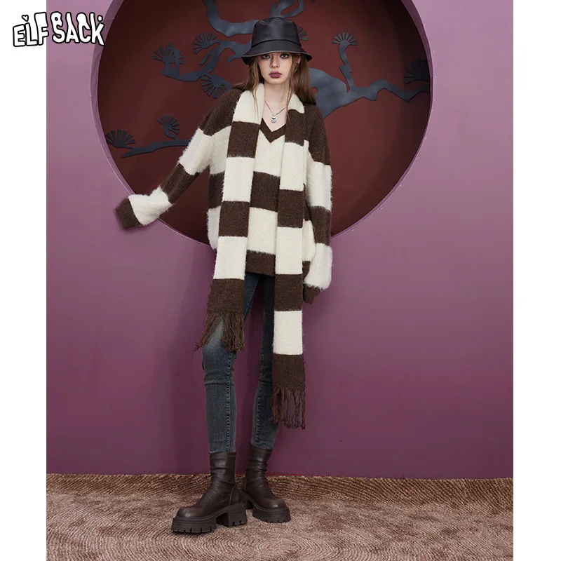 ELFSACK Free Scarf Striped Mohair Warm Sweater Women 2023 Winter Academic Style Loose Knitwears