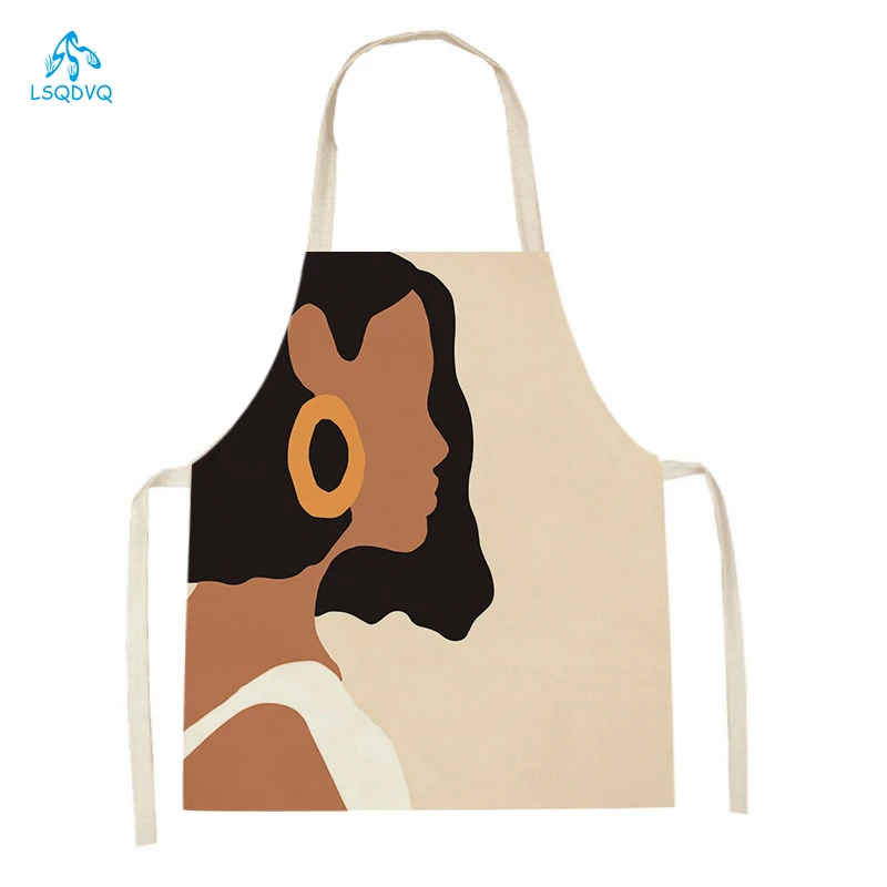 Cleaning Supplies Creative Girl Women Printed Kitchen Aprons Linen Cooking Waist Bib Geometry Character Sleeveless Pinafore