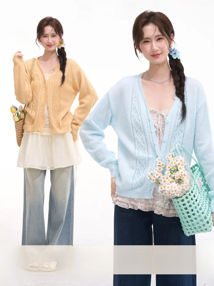 

Sweet Style Knitted Long Sleeve Women's Open Cardigan Hollow out Lace Trim Spring Fashion Polyester Blend Comfortable Top