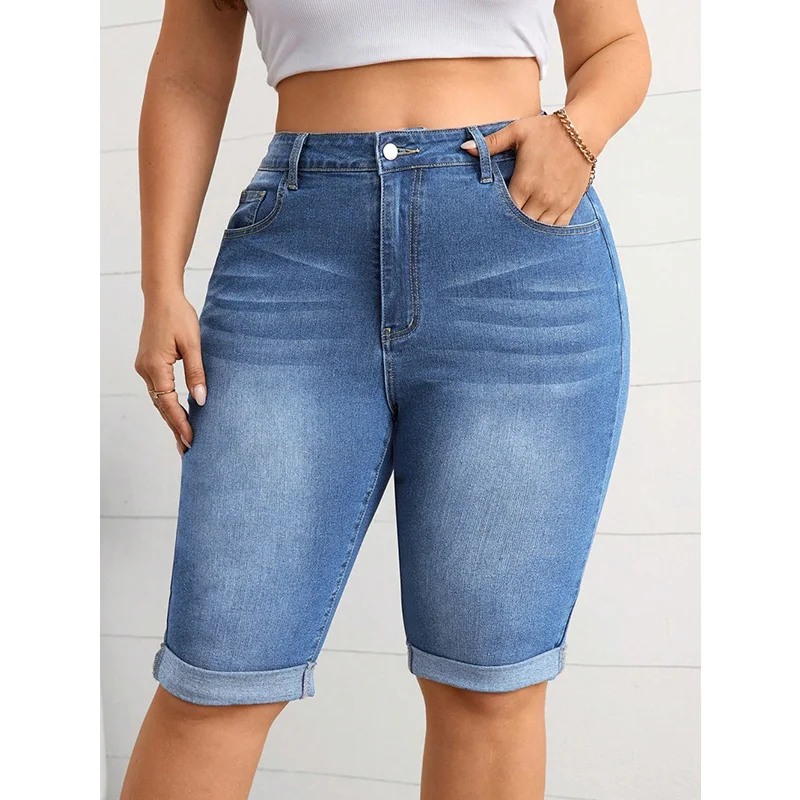 Benuynffy Plus Size Vintage Mid Waisted Rolled Hem Pencil Jeans Women Summer Washed Blue Stretch Denim Half Pants Streetwear view 3