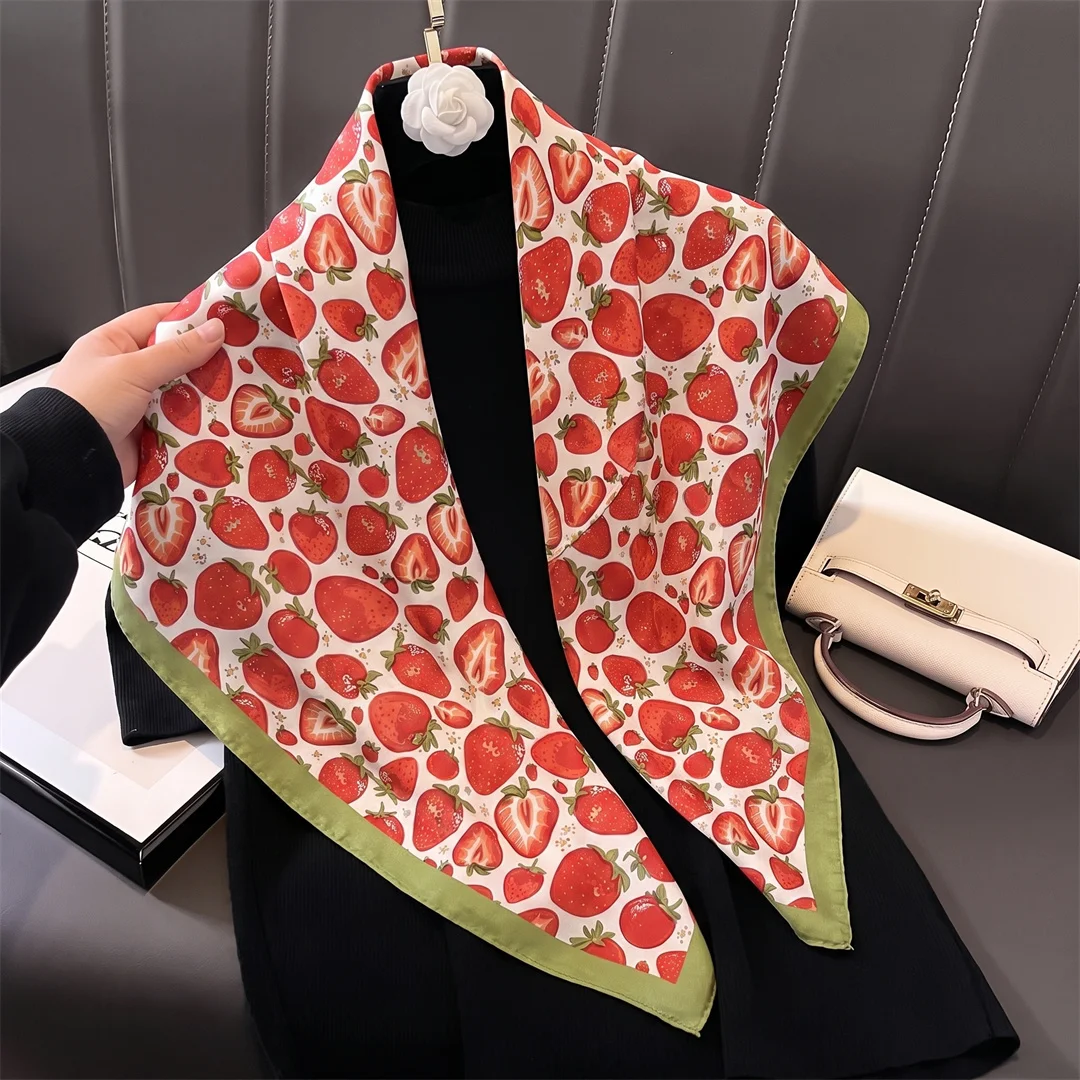 2026 Fruit Print Square Scarf For Women Silk Shawl Neckerchief Female Hair Bands Head Wraps Headband Foulard Satin Hijab Bandana