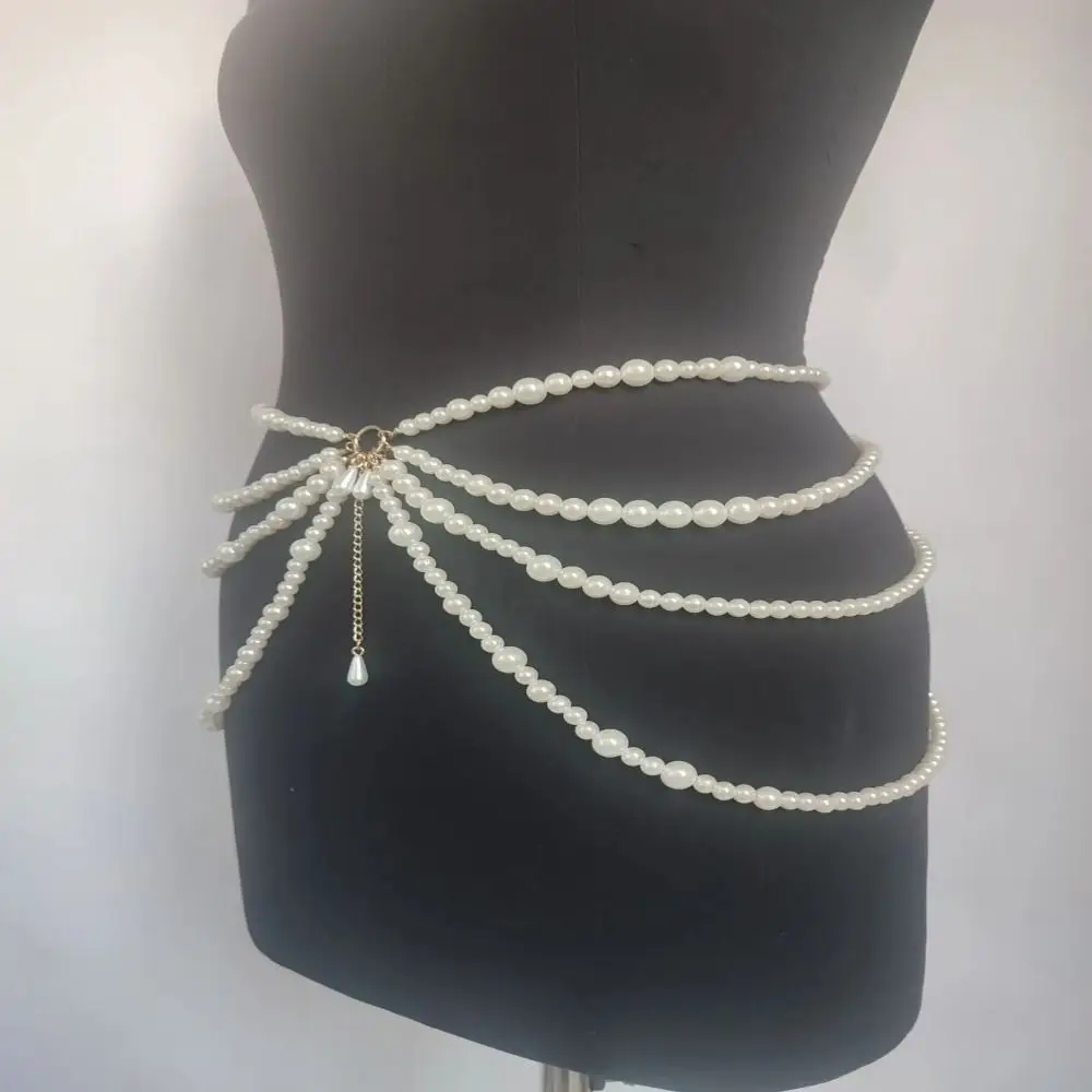 Cadena de cintura Y2K para mujer, accesorios para el cuerpo con personajes de perlas multicapa, borla, cinturón para fiesta, moda