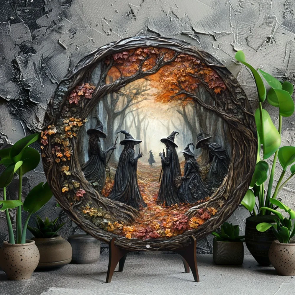 

Witch Themed Metal Wall Art Plaque, Round Aluminum Sign, Multipurpose Home Decor Halloween & Christma Gift, 7.9"/11.8", 2D