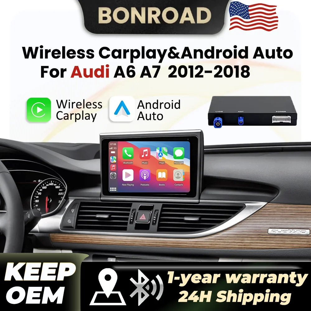 BONROAD Wireless CarPlay Android Auto Module For Audi A6 A7 HN+R RMC System 2012 2013 2014 2015 2016 2017 2018 BT GPS Navigation Mirror Link Decoder