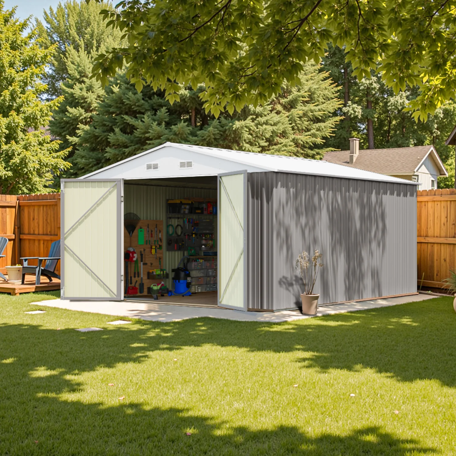 10x12 FT Large Outdoor Storage Shed Garden Metal Shed with Design of Lockable Doors, Grey