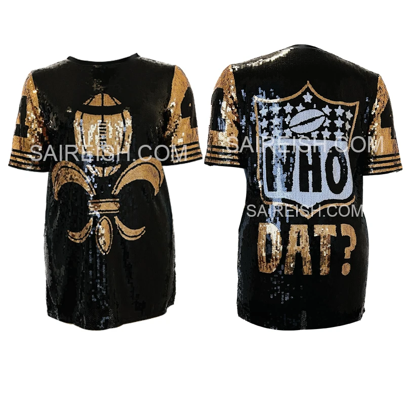 Saireish One Size Black and Gold Sequin Saint Jersey Dress Ropa Mujer Clothing Manufacturers